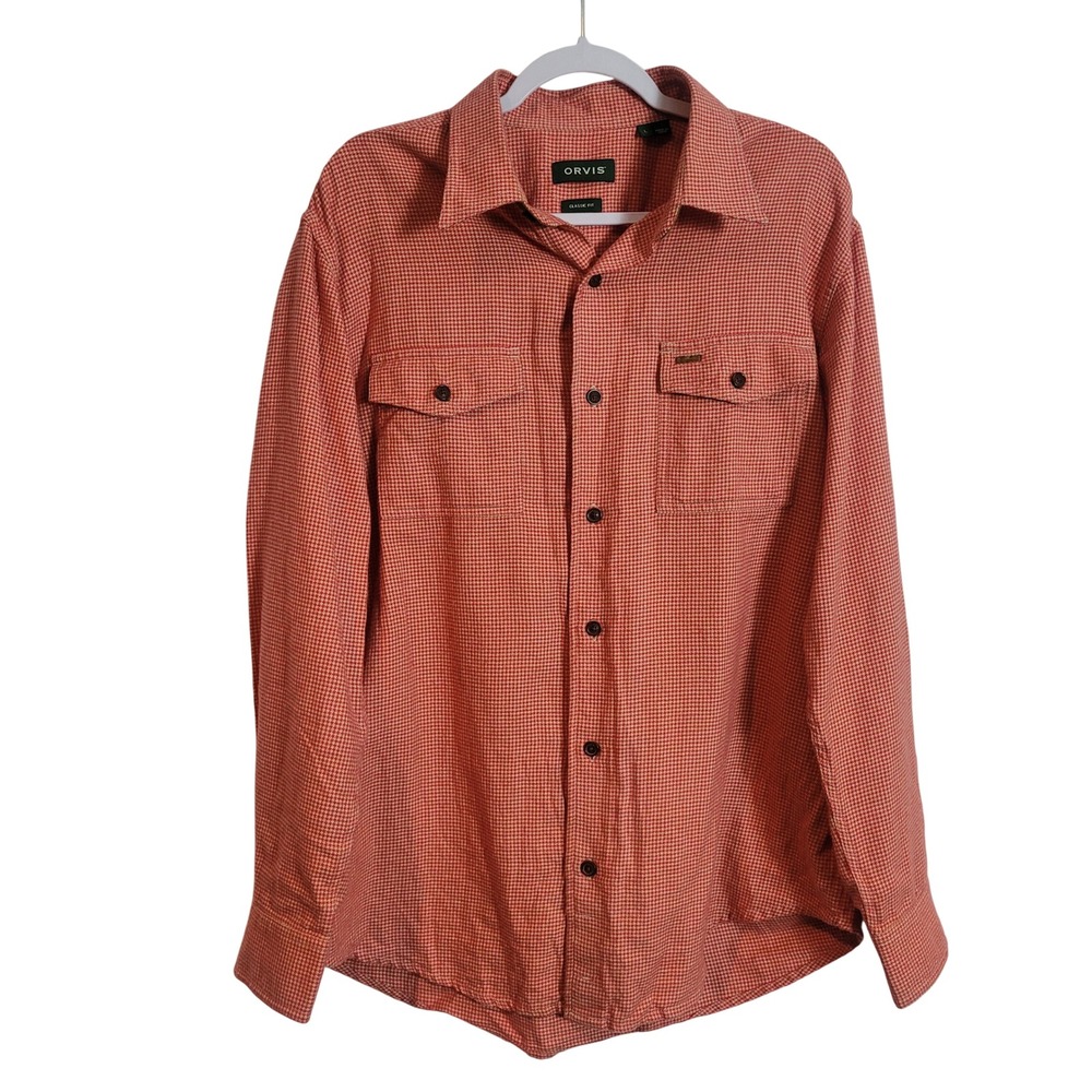 Orvis Men Classic Fit Cotton Houndstooth Button Down Shirt Red Tan Large Flannel